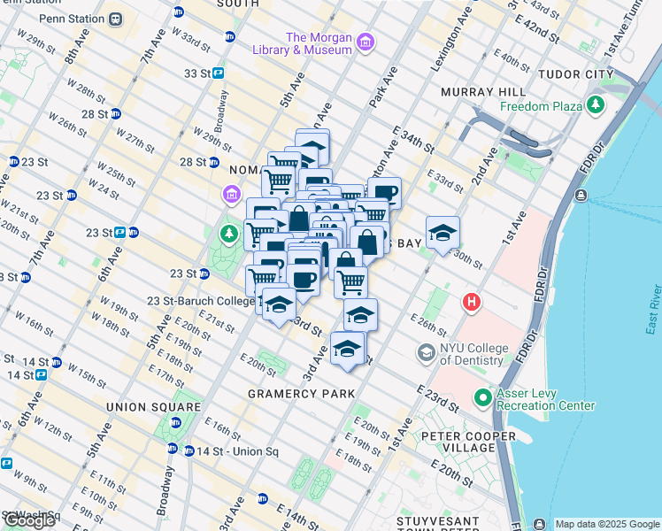 map of restaurants, bars, coffee shops, grocery stores, and more near 85 Lexington Avenue in New York
