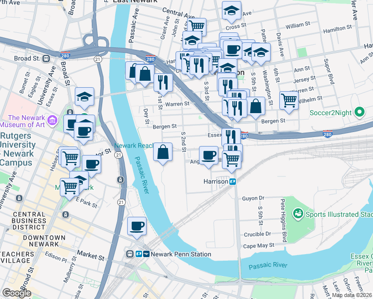 map of restaurants, bars, coffee shops, grocery stores, and more near 600 South 2nd Street in Harrison