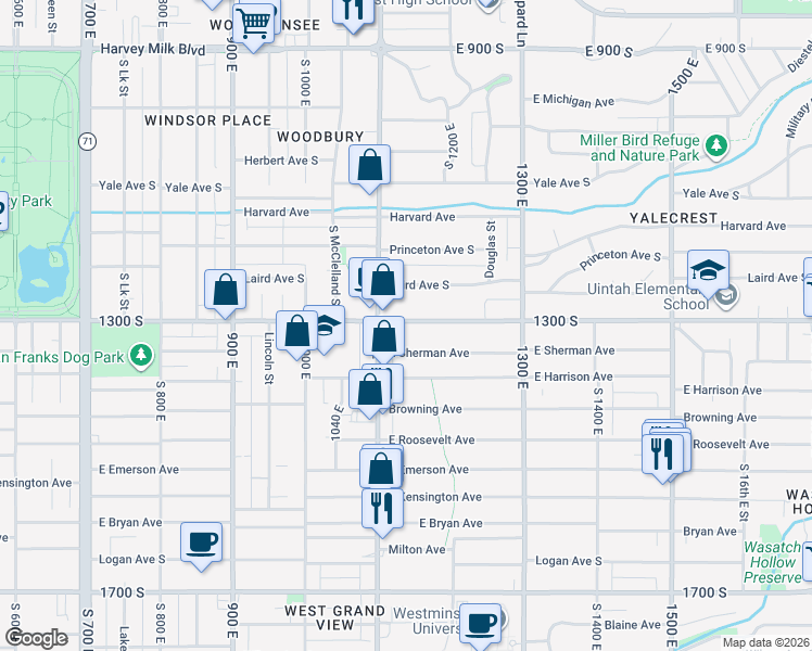 map of restaurants, bars, coffee shops, grocery stores, and more near 1148 East 1300 South in Salt Lake City