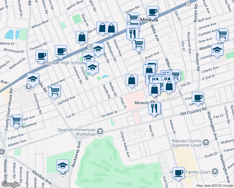 map of restaurants, bars, coffee shops, grocery stores, and more near 122 Walker Road in Mineola