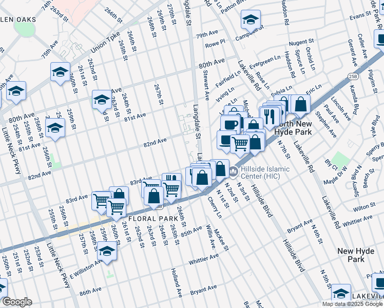 map of restaurants, bars, coffee shops, grocery stores, and more near 82-58 Langdale Street in Queens