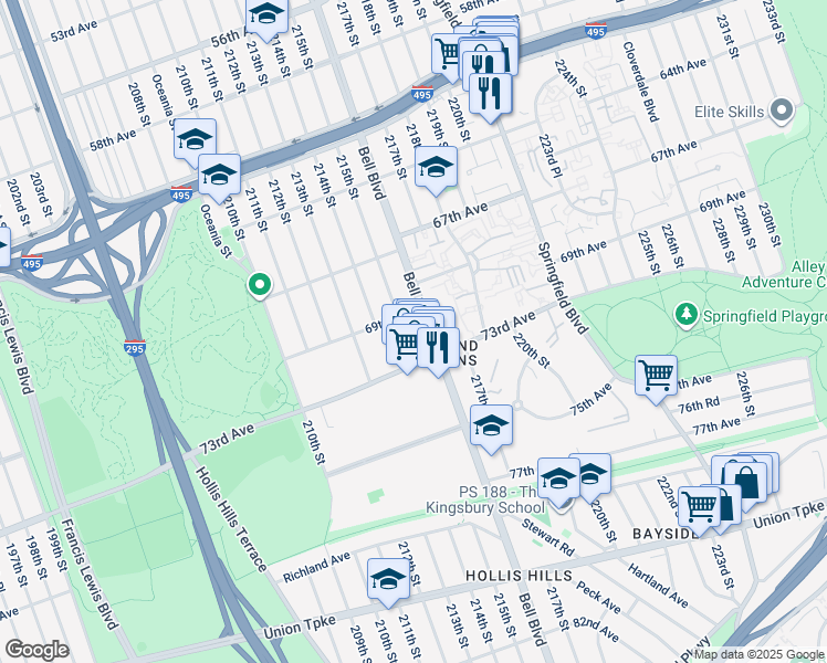 map of restaurants, bars, coffee shops, grocery stores, and more near 69-09 215th Street in Queens