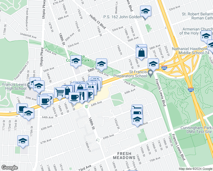 map of restaurants, bars, coffee shops, grocery stores, and more near 193-40 Horace Harding Expressway in Queens