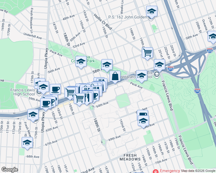 map of restaurants, bars, coffee shops, grocery stores, and more near 193-40 Horace Harding Expressway in Queens