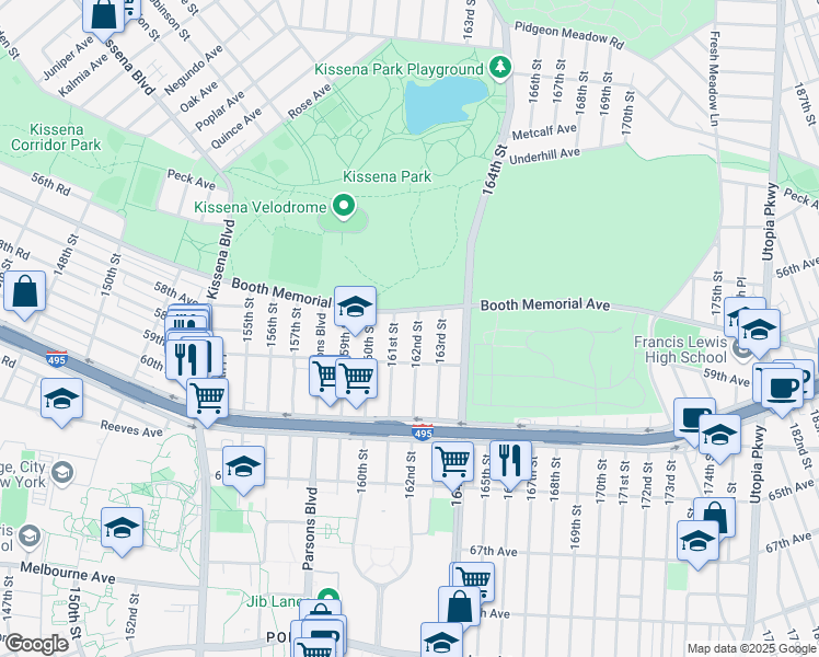 map of restaurants, bars, coffee shops, grocery stores, and more near 57-19 162nd Street in Queens
