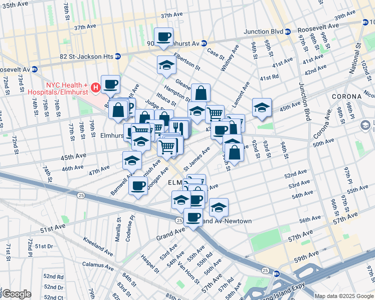 map of restaurants, bars, coffee shops, grocery stores, and more near 46-6 88th Street in Queens
