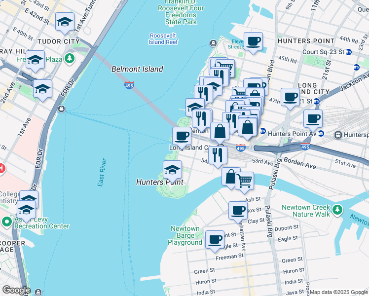 map of restaurants, bars, coffee shops, grocery stores, and more near 41 Center Boulevard in Queens
