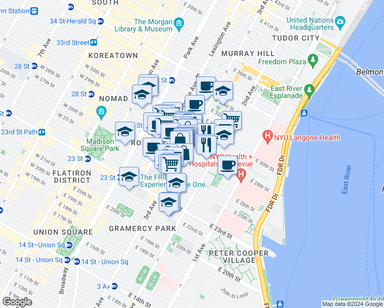 map of restaurants, bars, coffee shops, grocery stores, and more near 216 East 28th Street in New York
