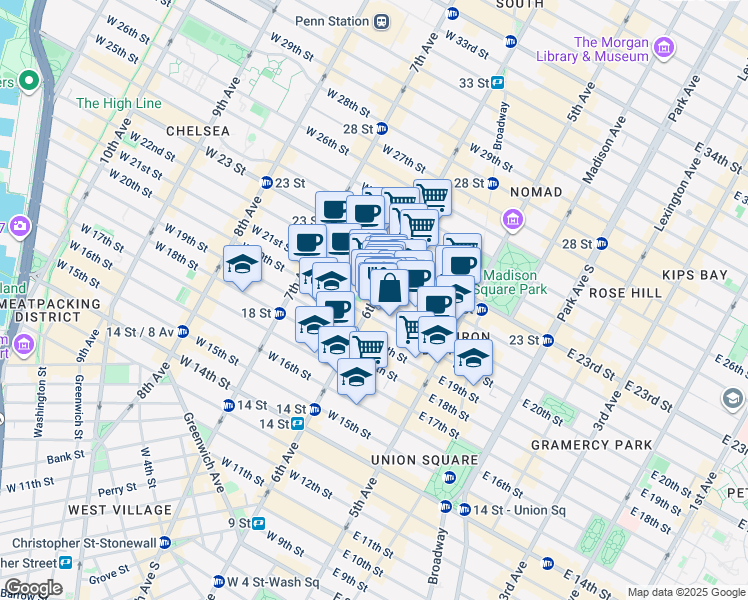 map of restaurants, bars, coffee shops, grocery stores, and more near 54 West 21st Street in New York
