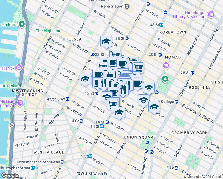 map of restaurants, bars, coffee shops, grocery stores, and more near 121A West 20th Street in New York