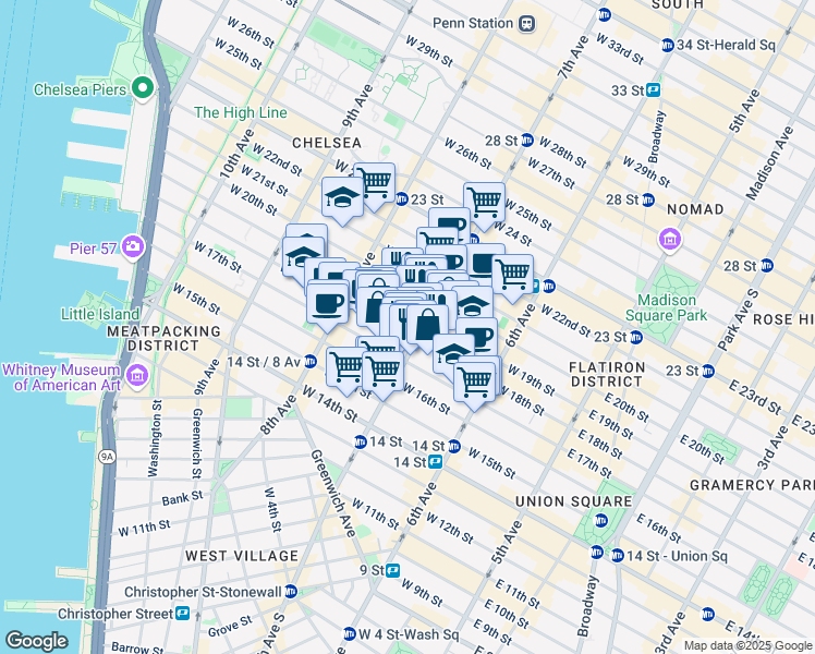 map of restaurants, bars, coffee shops, grocery stores, and more near in New York