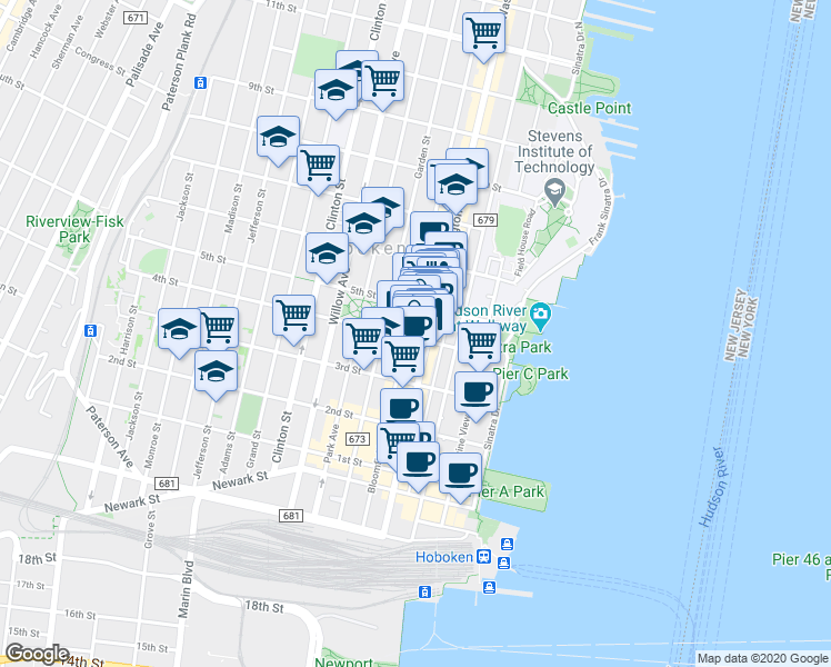map of restaurants, bars, coffee shops, grocery stores, and more near 407 Washington Street in Hoboken