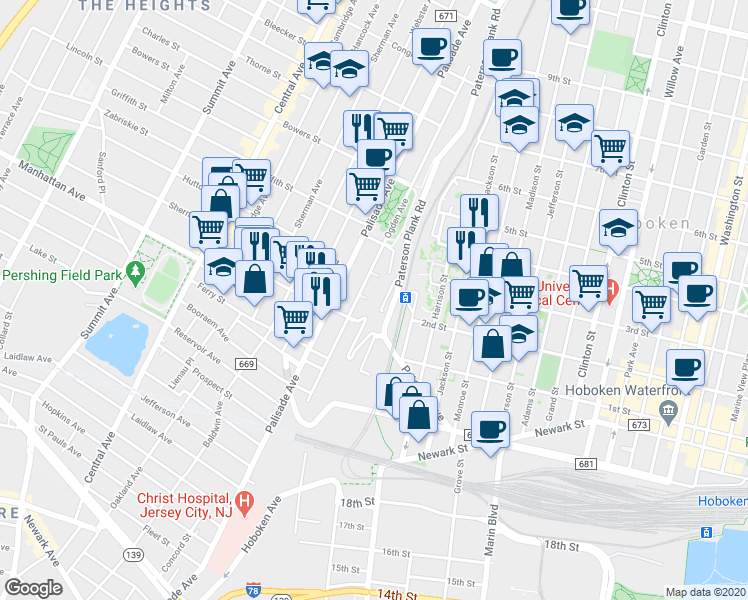 map of restaurants, bars, coffee shops, grocery stores, and more near 220 Ogden Avenue in Jersey City