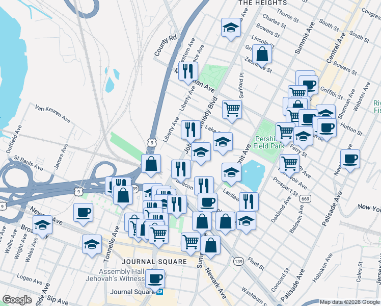 map of restaurants, bars, coffee shops, grocery stores, and more near 101 Collard Street in Jersey City