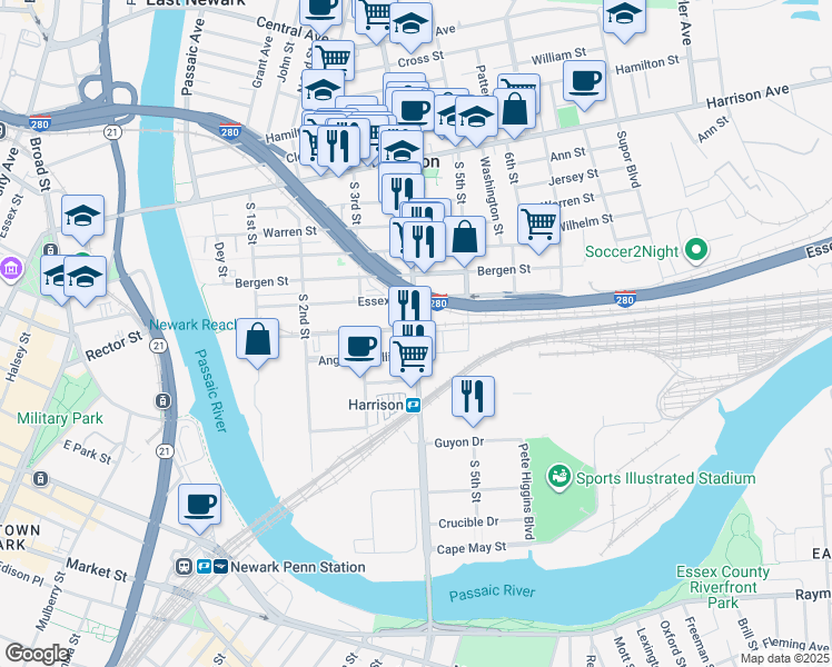 map of restaurants, bars, coffee shops, grocery stores, and more near 600 Frank E Rodgers Boulevard South in Harrison