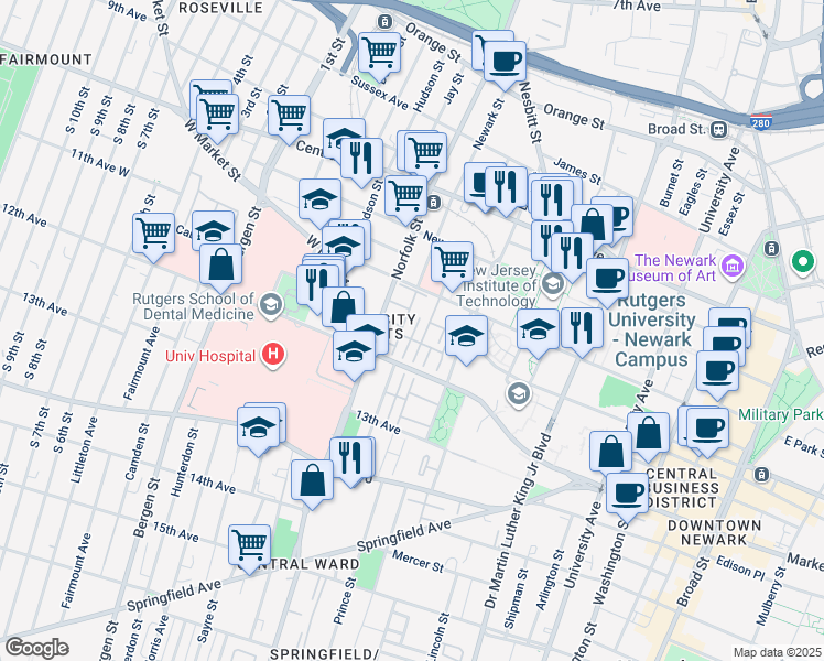 map of restaurants, bars, coffee shops, grocery stores, and more near 51 Marrow Street in Newark