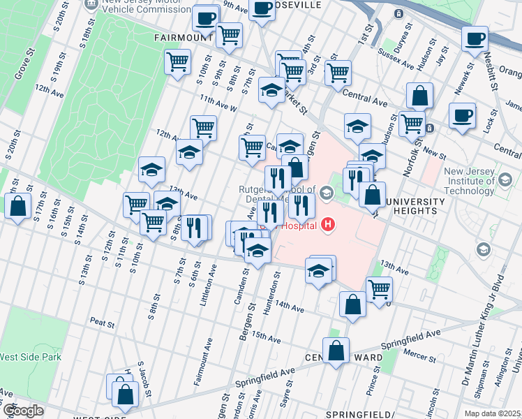 map of restaurants, bars, coffee shops, grocery stores, and more near 129 Camden Street in Newark