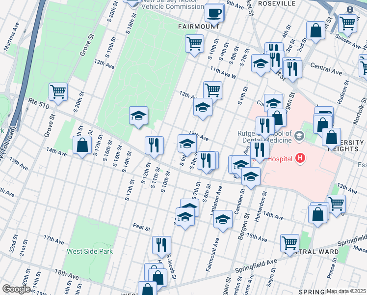 map of restaurants, bars, coffee shops, grocery stores, and more near 292 South 9th Street in Newark