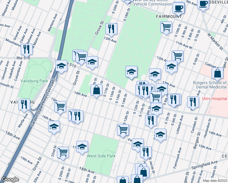 map of restaurants, bars, coffee shops, grocery stores, and more near 427 South 16th Street in Newark
