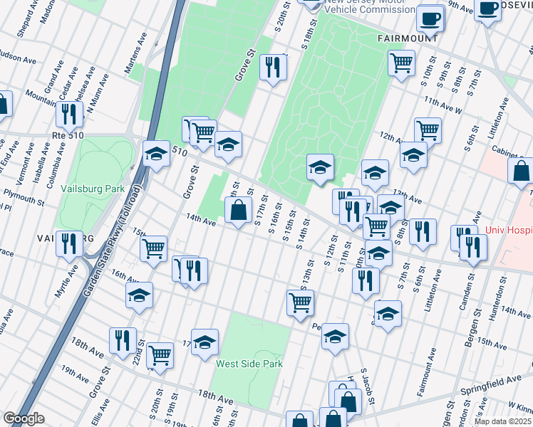map of restaurants, bars, coffee shops, grocery stores, and more near 427 South 16th Street in Newark