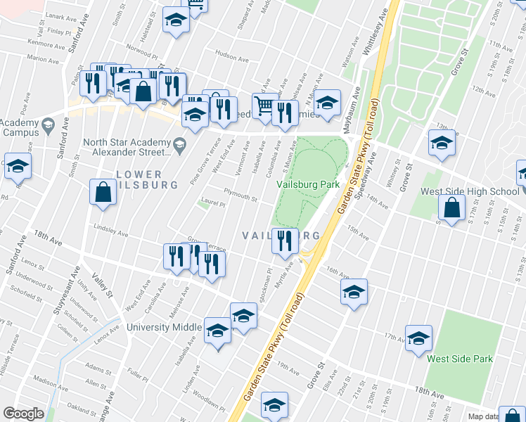 map of restaurants, bars, coffee shops, grocery stores, and more near 100 Columbia Avenue in Newark