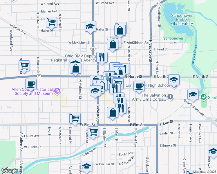 map of restaurants, bars, coffee shops, grocery stores, and more near 136 West High Street in Lima