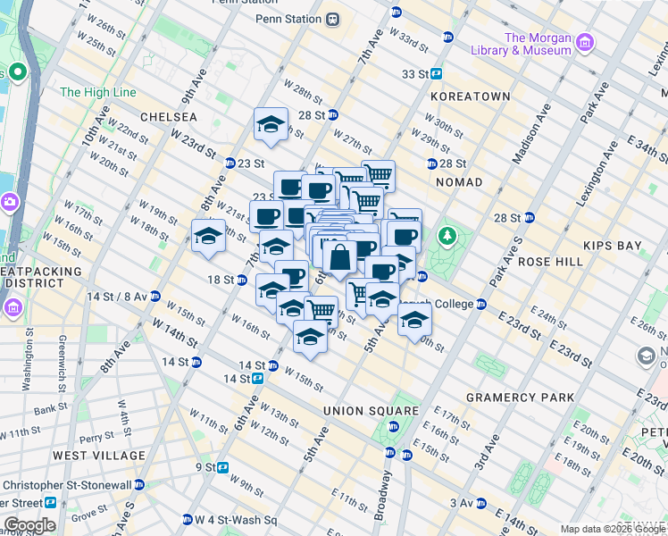 map of restaurants, bars, coffee shops, grocery stores, and more near 74 W 21st St in New York