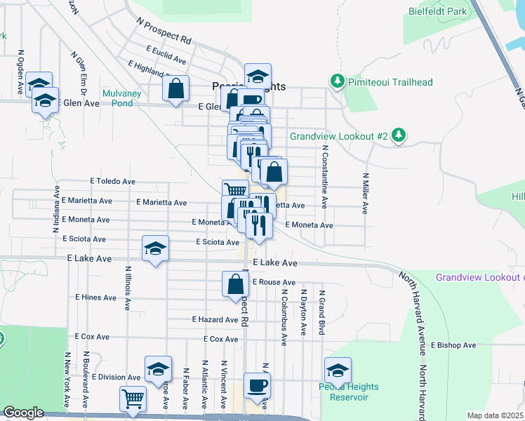 map of restaurants, bars, coffee shops, grocery stores, and more near 1324 East Marietta Avenue in Peoria Heights