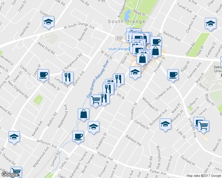map of restaurants, bars, coffee shops, grocery stores, and more near 265 Valley St in South Orange
