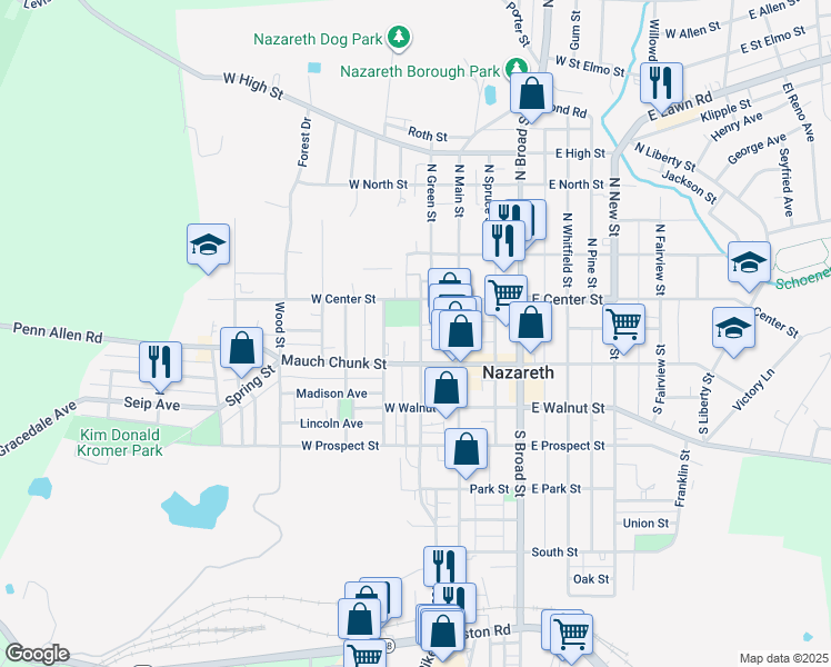 map of restaurants, bars, coffee shops, grocery stores, and more near 36 South Green Street in Nazareth