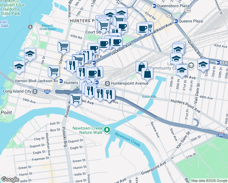 map of restaurants, bars, coffee shops, grocery stores, and more near 24-02 49th Avenue in Queens