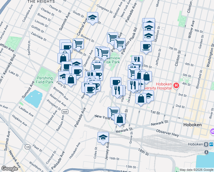 map of restaurants, bars, coffee shops, grocery stores, and more near 220 Ogden Avenue in Jersey City
