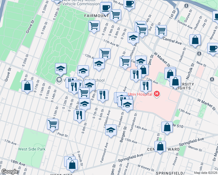 map of restaurants, bars, coffee shops, grocery stores, and more near 184 South 6th Street in Newark