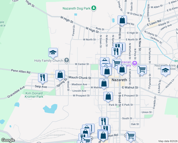 map of restaurants, bars, coffee shops, grocery stores, and more near 46 South Church Street in Nazareth