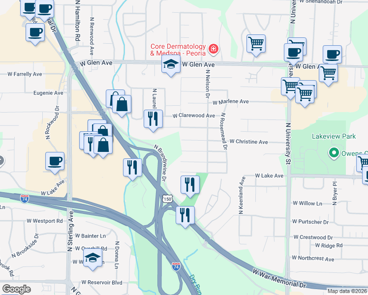 map of restaurants, bars, coffee shops, grocery stores, and more near 1821 West Baywood Avenue in Peoria