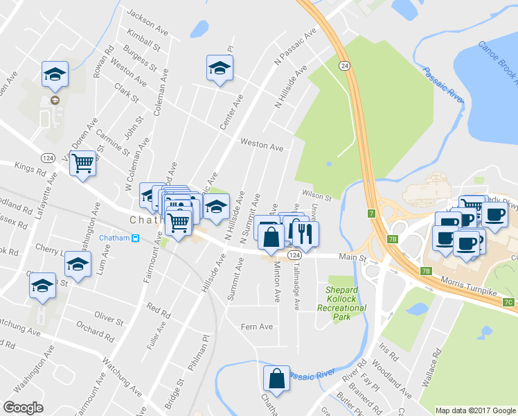 map of restaurants, bars, coffee shops, grocery stores, and more near 30 North Summit Avenue in Chatham