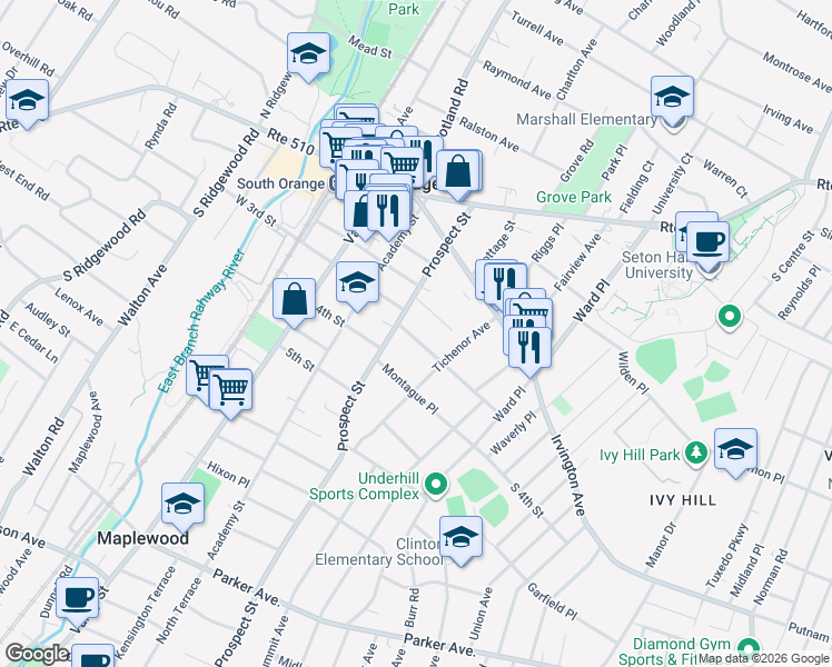 map of restaurants, bars, coffee shops, grocery stores, and more near 161 Village Road in South Orange