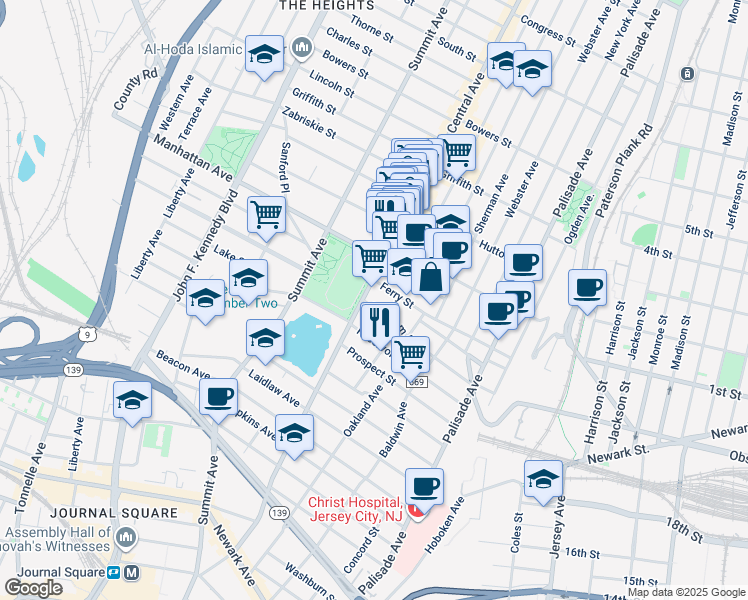 map of restaurants, bars, coffee shops, grocery stores, and more near 202-206 Central Avenue in Jersey City