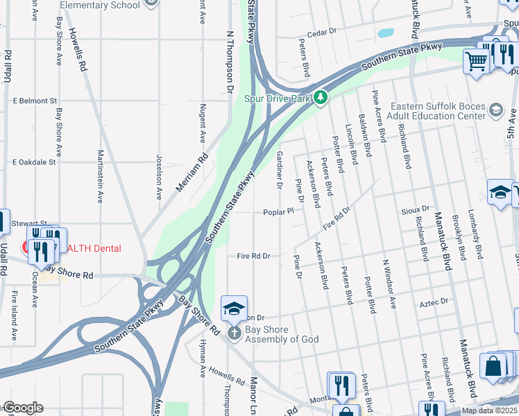 map of restaurants, bars, coffee shops, grocery stores, and more near 1449 Manor Lane in Bay Shore