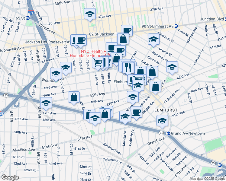 map of restaurants, bars, coffee shops, grocery stores, and more near 79-05 45th Avenue in Queens