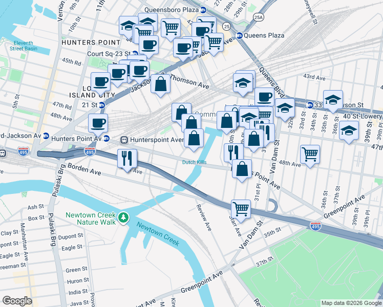 map of restaurants, bars, coffee shops, grocery stores, and more near 27-11 49th Avenue in Queens