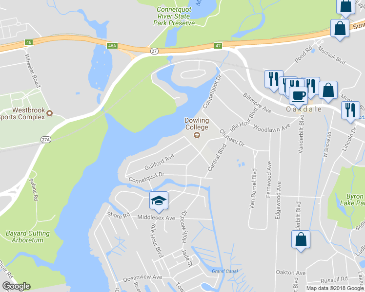 map of restaurants, bars, coffee shops, grocery stores, and more near 36 Elsmere Avenue in Oakdale