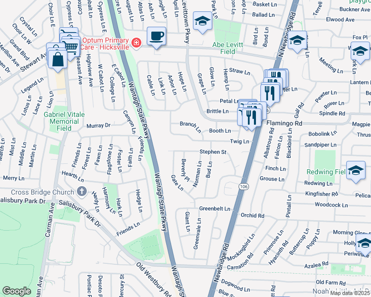 map of restaurants, bars, coffee shops, grocery stores, and more near 186 Stephen Street in Levittown
