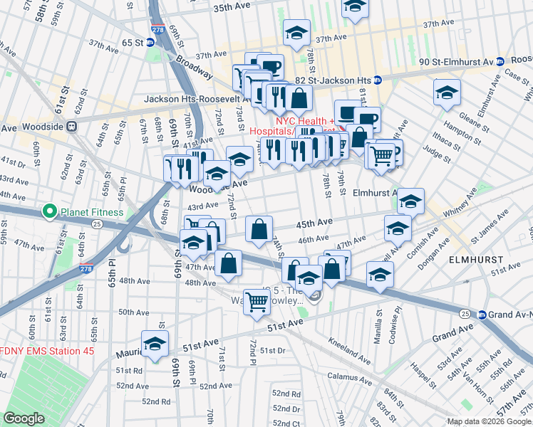 map of restaurants, bars, coffee shops, grocery stores, and more near 74th St & 44th Ave in Queens