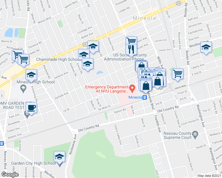 map of restaurants, bars, coffee shops, grocery stores, and more near 122 Walker Rd in Mineola