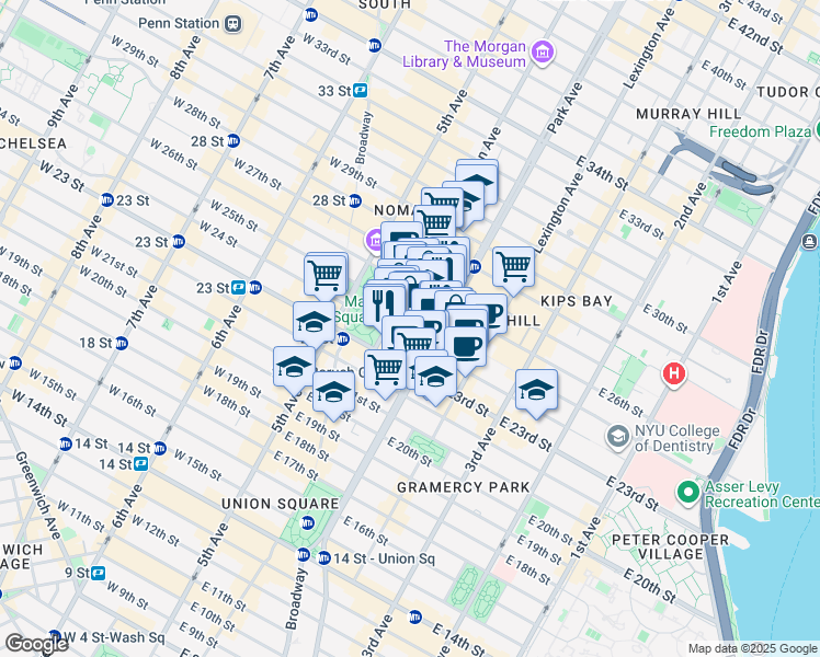 map of restaurants, bars, coffee shops, grocery stores, and more near 340 Park Avenue South in New York