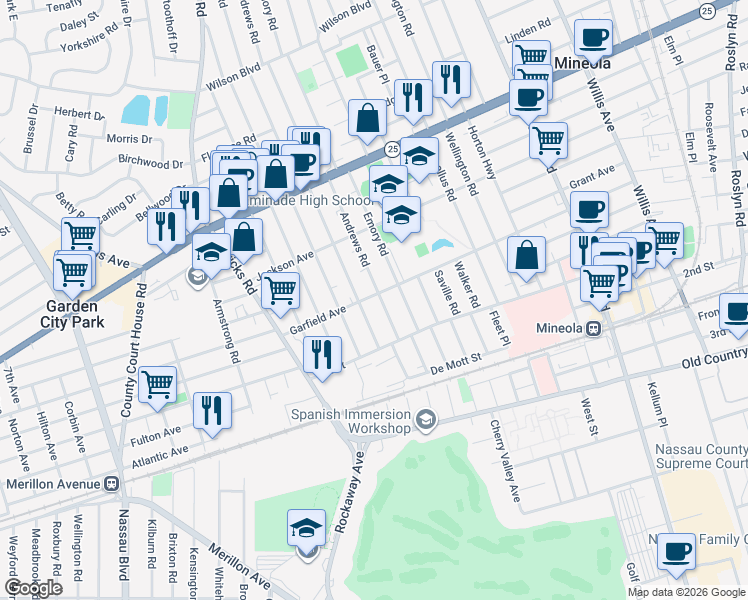 map of restaurants, bars, coffee shops, grocery stores, and more near 165 Andrews Road in Mineola