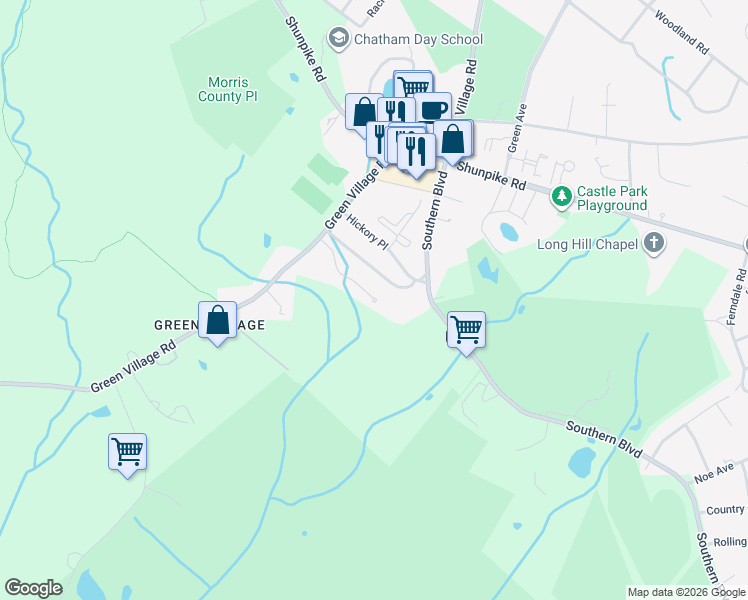 map of restaurants, bars, coffee shops, grocery stores, and more near 31 Melrose Lane in Chatham Township