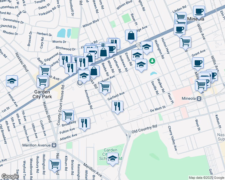 map of restaurants, bars, coffee shops, grocery stores, and more near 185 Beebe Road in Mineola