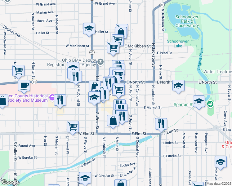map of restaurants, bars, coffee shops, grocery stores, and more near 203 North Main Street in Lima